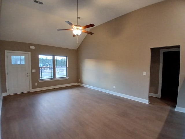 unfurnished living room with vaulted ceiling, ceiling fan, and dark hardwood / wood-style flooring