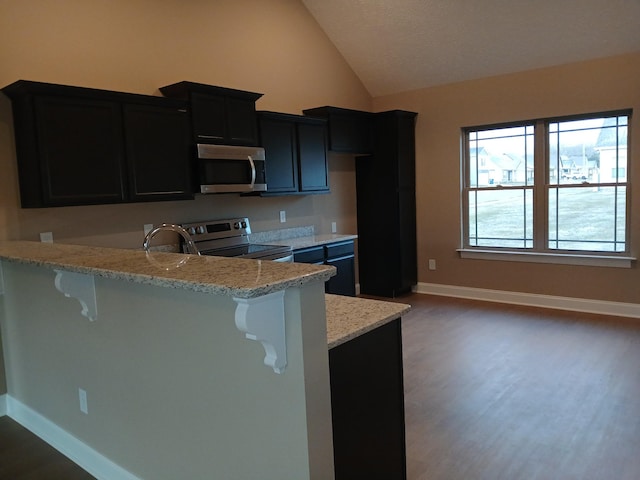 kitchen featuring a breakfast bar area, appliances with stainless steel finishes, dark hardwood / wood-style flooring, lofted ceiling, and light stone counters