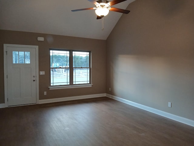 entryway featuring ceiling fan, dark hardwood / wood-style flooring, and lofted ceiling