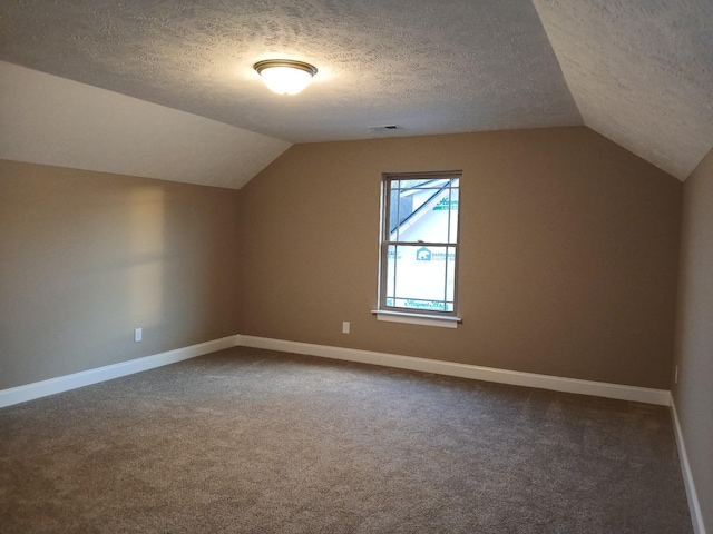 additional living space featuring carpet, vaulted ceiling, and a textured ceiling