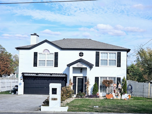 view of front of property with a front lawn and a garage