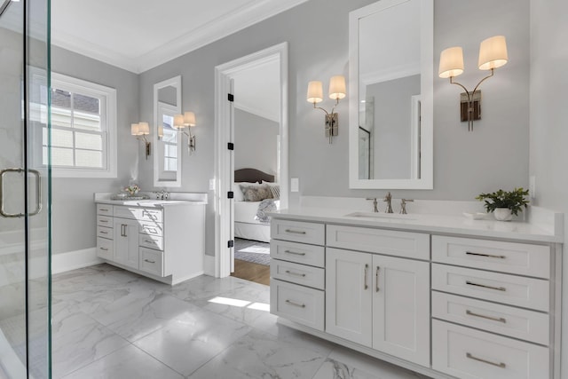 bathroom with vanity, walk in shower, and crown molding