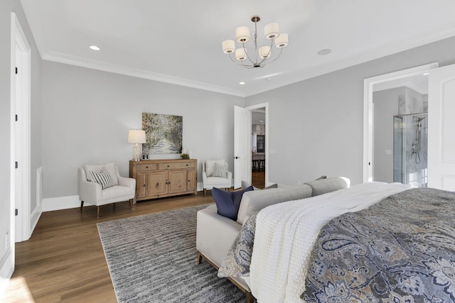 bedroom with a notable chandelier, dark hardwood / wood-style flooring, and crown molding