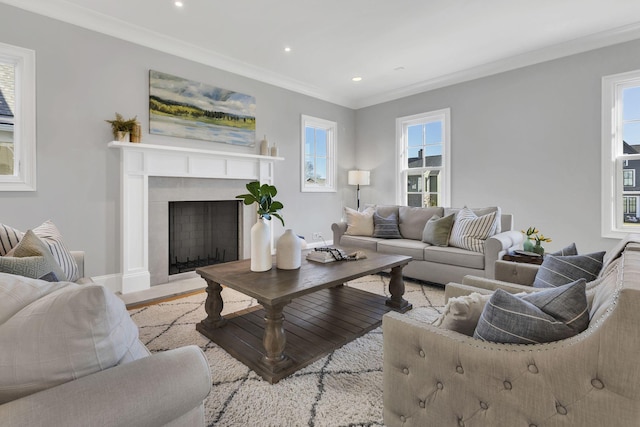 living room with ornamental molding, a healthy amount of sunlight, and light wood-type flooring