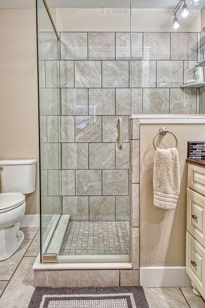 bathroom with vanity, toilet, and a shower with shower door