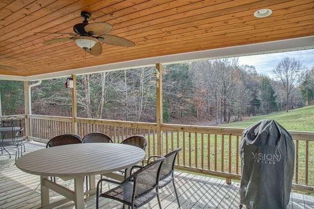 sunroom / solarium featuring ceiling fan and wooden ceiling