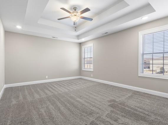 carpeted spare room featuring a raised ceiling and ceiling fan