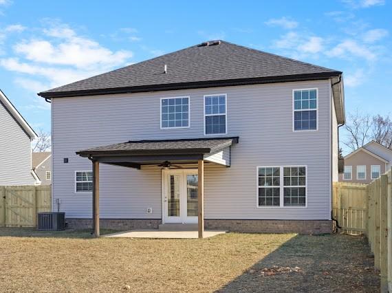 back of house with a patio, a yard, central AC, and ceiling fan