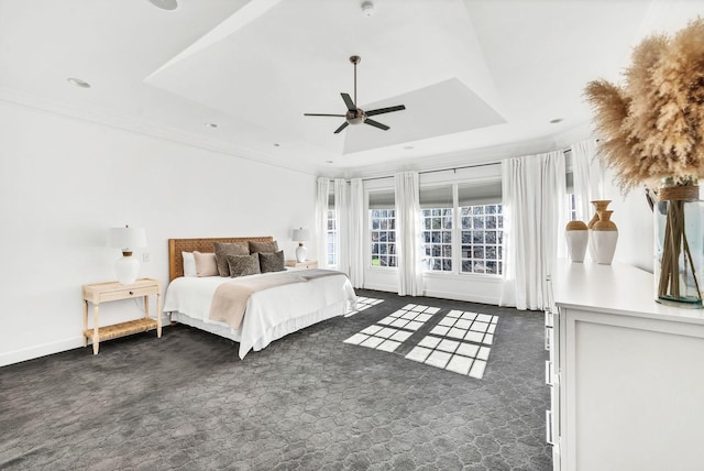 bedroom with a raised ceiling, access to exterior, ceiling fan, and dark carpet