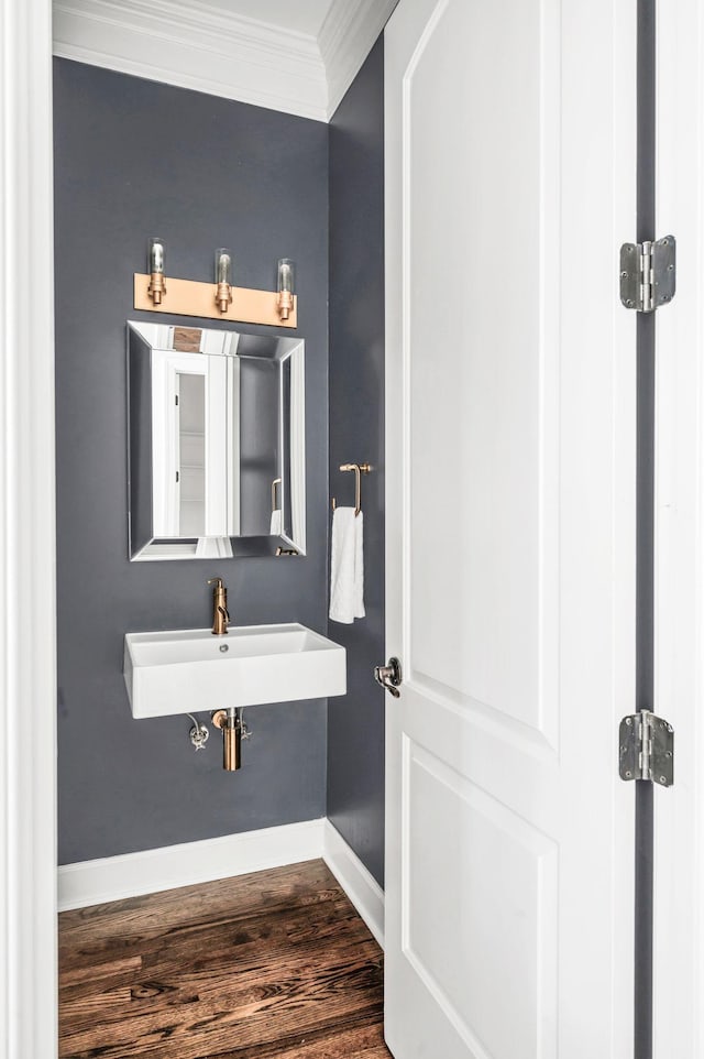 bathroom with wood-type flooring, crown molding, and sink