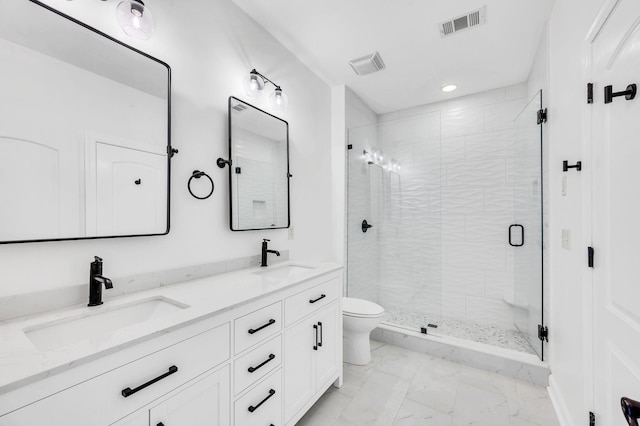 bathroom featuring toilet, vanity, and walk in shower