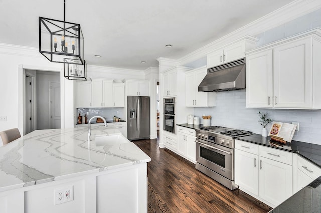 kitchen featuring white cabinetry, sink, stainless steel appliances, dark hardwood / wood-style flooring, and decorative light fixtures