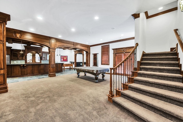 rec room with ornamental molding, carpet floors, pool table, and decorative columns