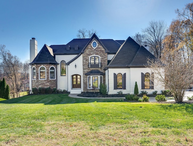 french provincial home with french doors and a front lawn