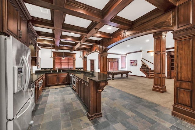 rec room with beam ceiling, decorative columns, coffered ceiling, and pool table