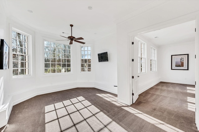 carpeted empty room featuring ceiling fan and ornamental molding