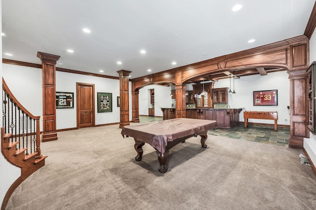 game room with decorative columns, crown molding, indoor bar, carpet, and pool table