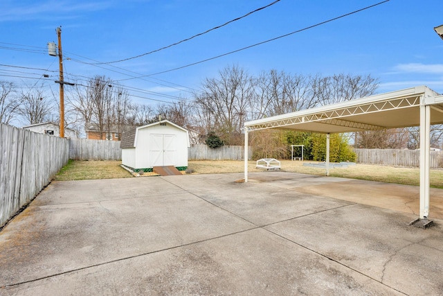 view of patio featuring a storage shed