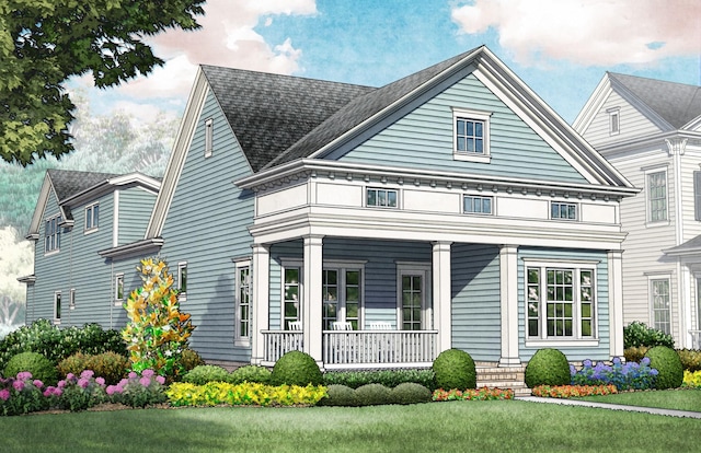 view of front of property with covered porch, a front lawn, and roof with shingles