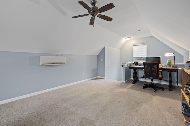 office area with a wall unit AC, carpet, and vaulted ceiling