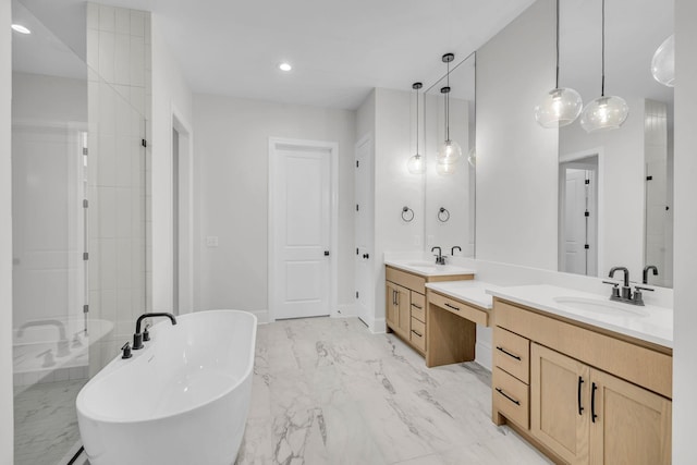 521 Matthew Miller Dr, Smyrna, TN 37167 - full bathroom with a freestanding bath, two vanities, a stall shower, marble look tiles, and recessed lighting