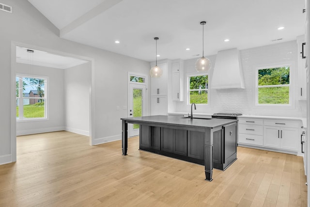 521 Matthew Miller Dr, Smyrna, TN 37167 - kitchen featuring custom range hood, white cabinetry, light wood finished floors, healthy amount of natural light, and recessed lighting