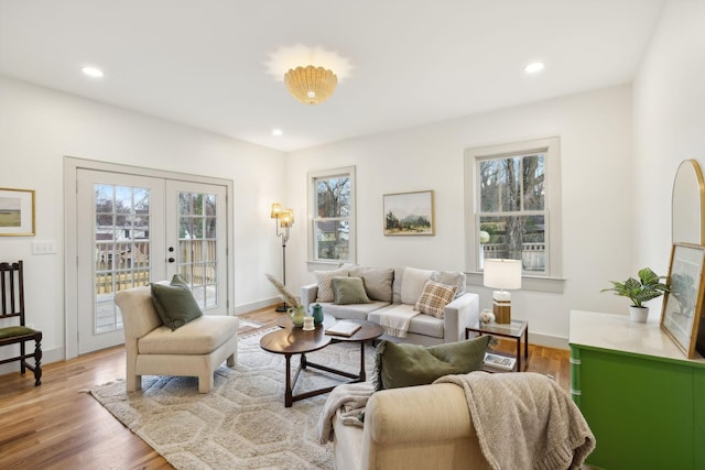 living room with a wealth of natural light, wood-type flooring, and french doors