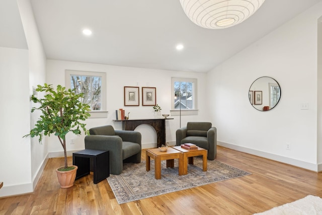 living room with vaulted ceiling and light hardwood / wood-style floors