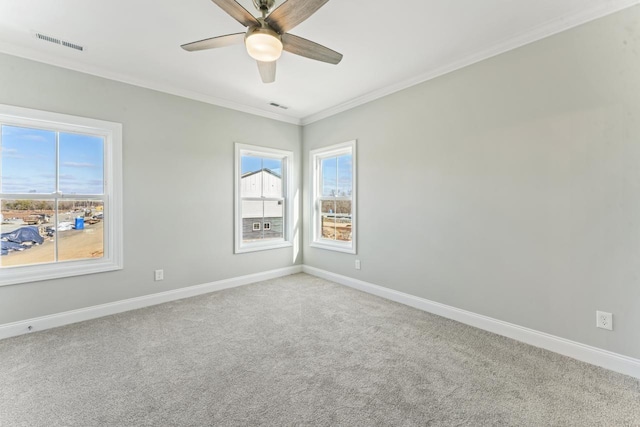 unfurnished room featuring ceiling fan, carpet, and ornamental molding