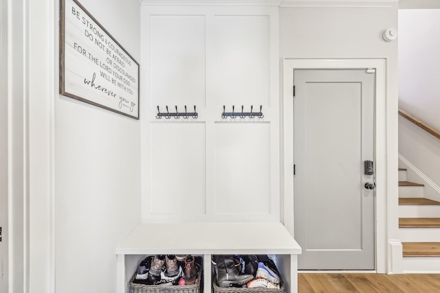 mudroom with hardwood / wood-style flooring