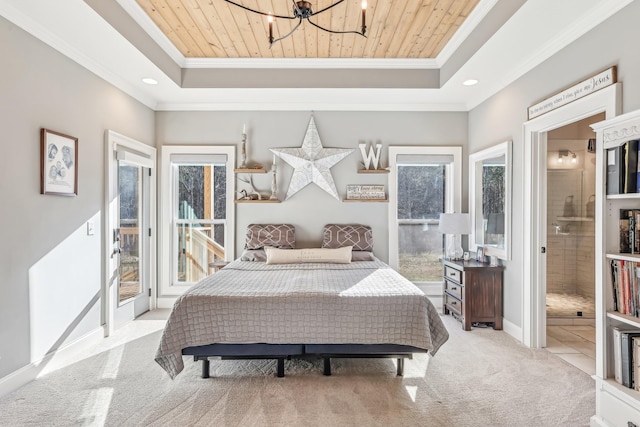 bedroom featuring wooden ceiling, an inviting chandelier, crown molding, ensuite bath, and light colored carpet