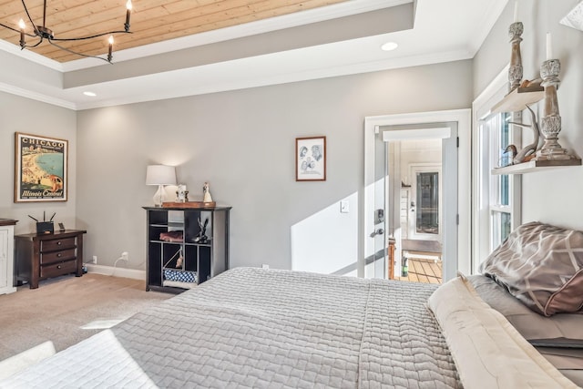 bedroom featuring carpet flooring, crown molding, wooden ceiling, and an inviting chandelier