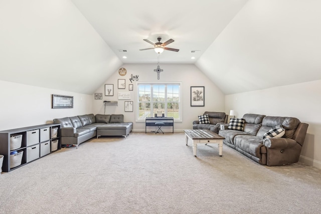 carpeted living room featuring ceiling fan and lofted ceiling