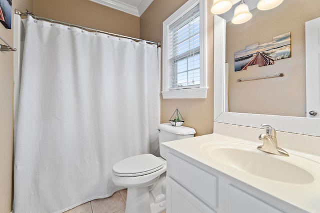 bathroom featuring toilet, vanity, tile patterned floors, and ornamental molding