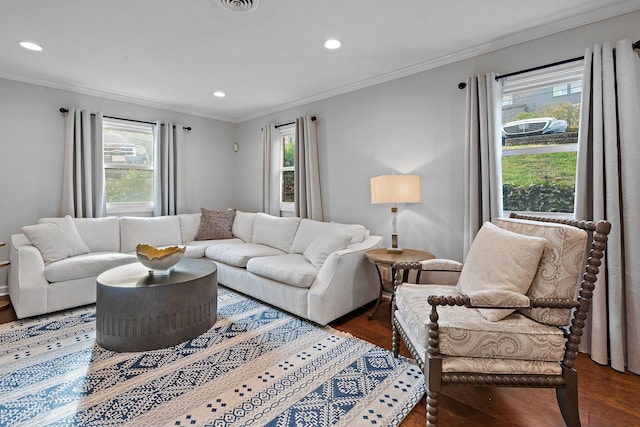 living room featuring dark hardwood / wood-style flooring and crown molding