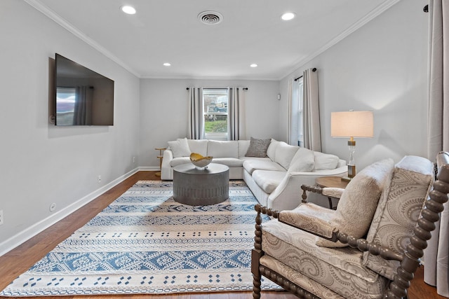 living room with crown molding and dark wood-type flooring