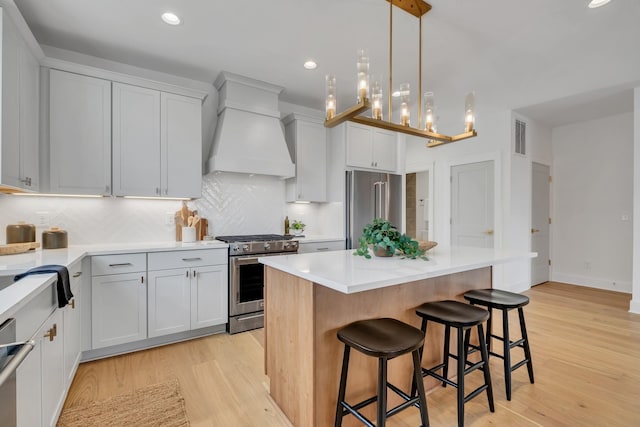 kitchen with light wood-type flooring, premium range hood, high quality appliances, white cabinets, and a kitchen island