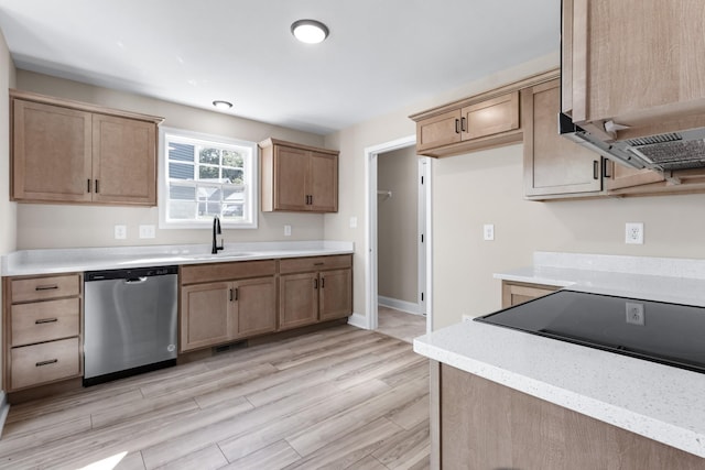 kitchen featuring light wood-type flooring, stainless steel dishwasher, and sink