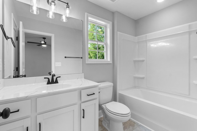 full bathroom with vanity, shower / washtub combination, tile patterned flooring, ceiling fan, and toilet