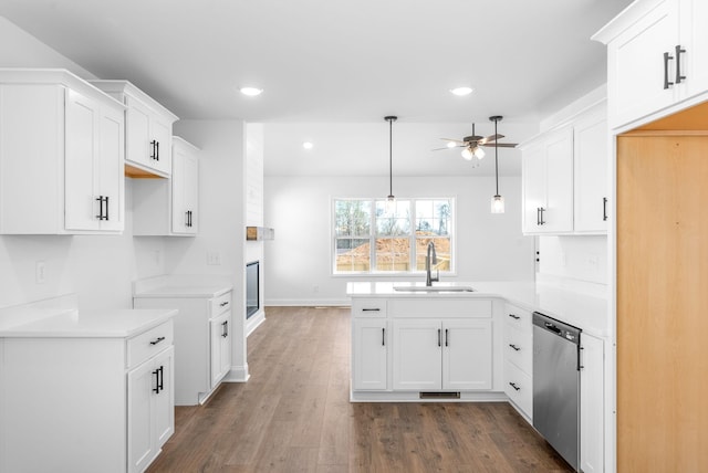 kitchen with white cabinetry, dark hardwood / wood-style flooring, dishwasher, and sink