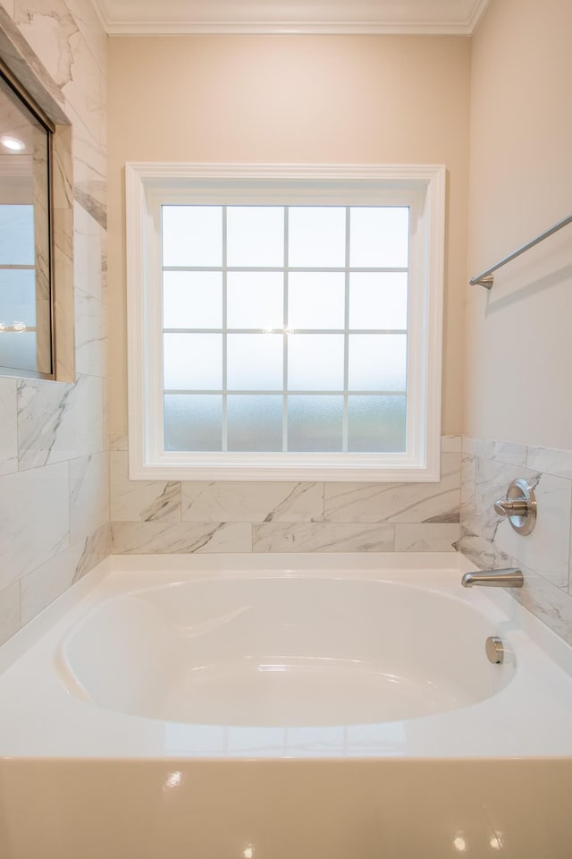 bathroom with ornamental molding, a tub, and a healthy amount of sunlight