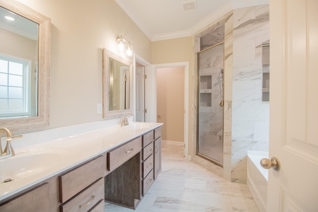 bathroom with shower with separate bathtub, vanity, and crown molding