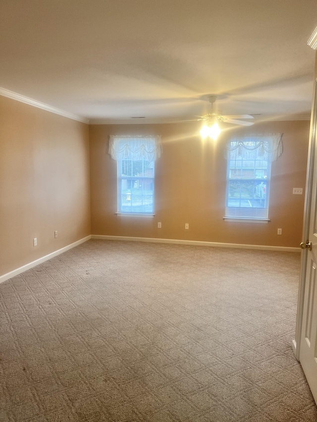 carpeted spare room with ceiling fan and ornamental molding