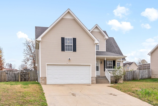 view of front of property with covered porch, a front yard, and a garage