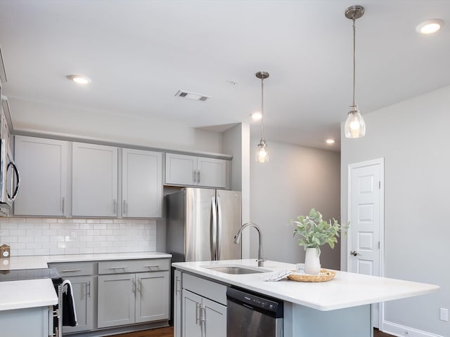 kitchen featuring backsplash, stainless steel appliances, a kitchen island with sink, sink, and hanging light fixtures