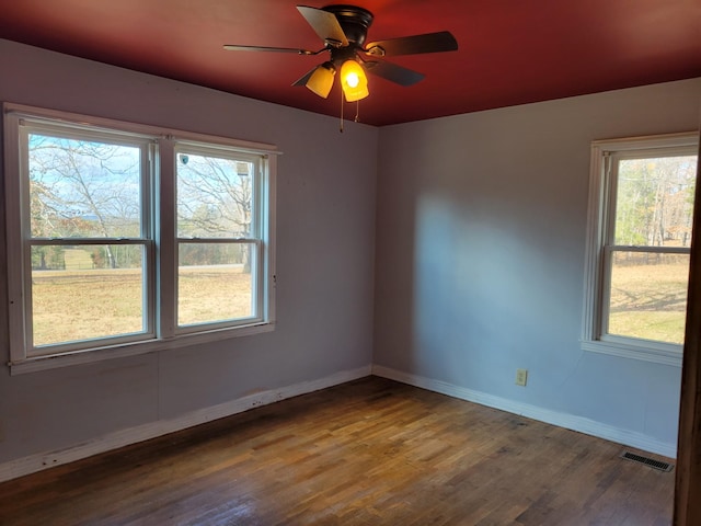 empty room featuring wood-type flooring, plenty of natural light, and ceiling fan