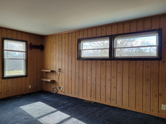 empty room featuring dark colored carpet, a healthy amount of sunlight, and wood walls