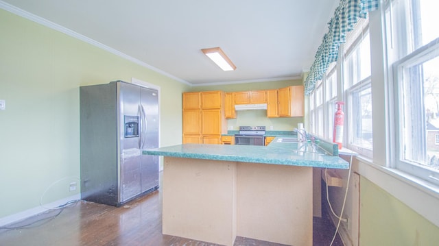 kitchen with a wealth of natural light, ornamental molding, dark wood-type flooring, and appliances with stainless steel finishes