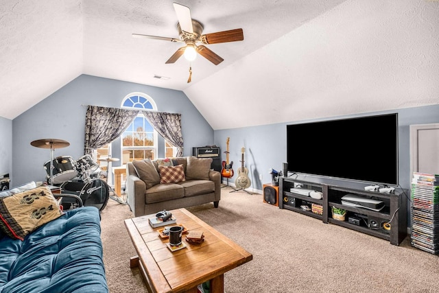 carpeted living room with ceiling fan, a textured ceiling, and vaulted ceiling