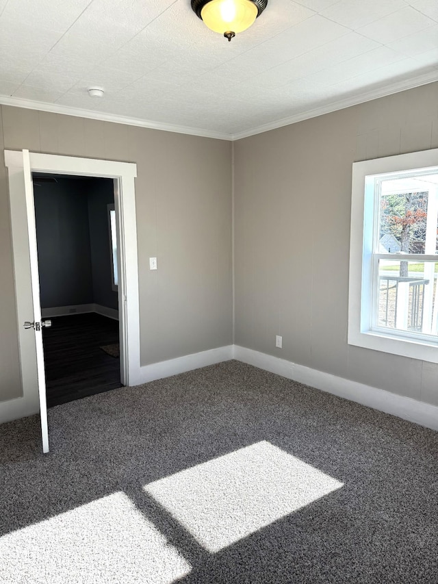 carpeted empty room featuring crown molding